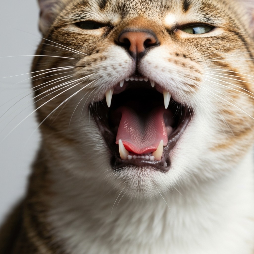 Primer plano extremo de la boca abierta de un gato atigrado mostrando los dientes y las encías.