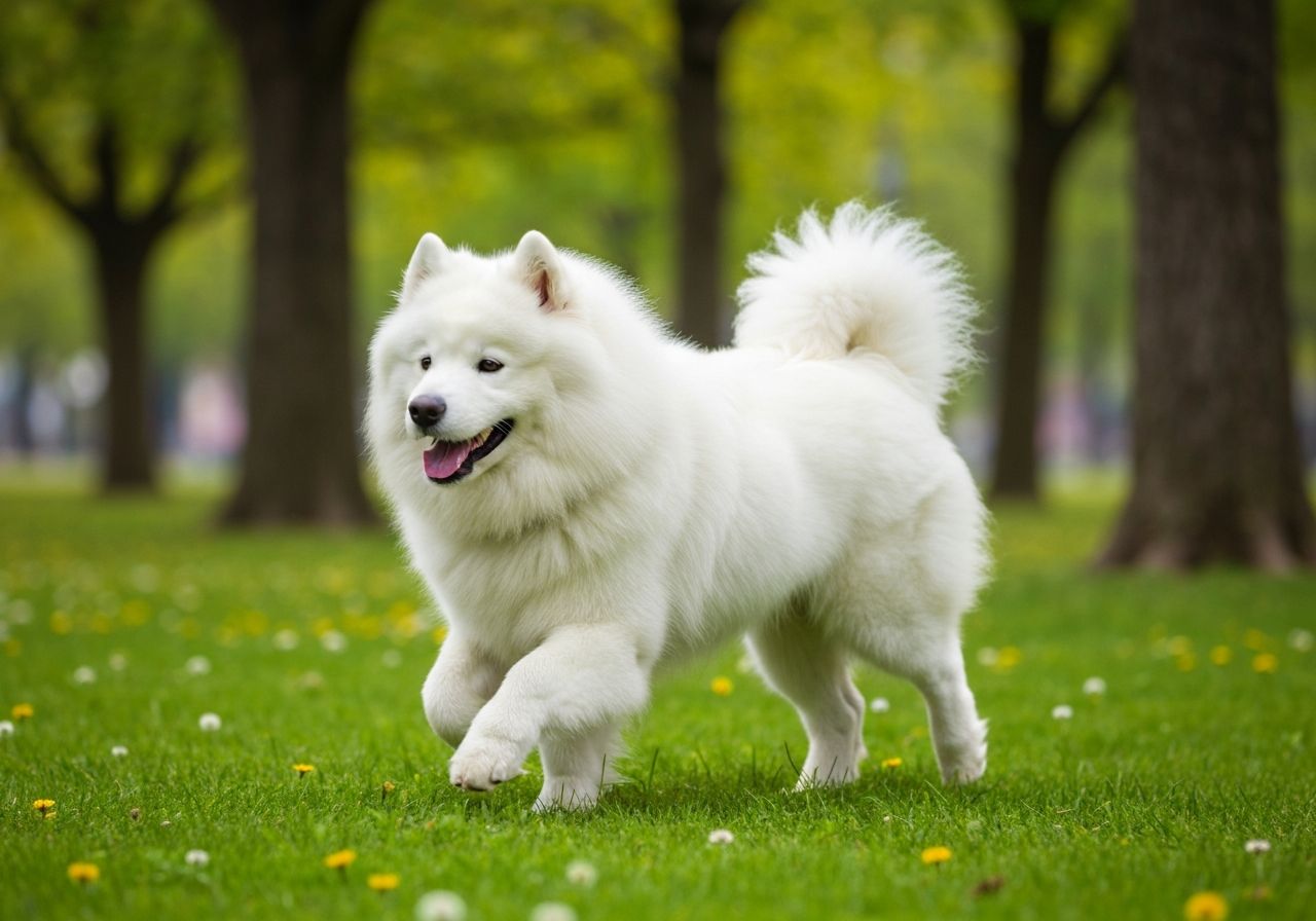 Un esponjoso perro Samoyedo blanco corriendo felizmente por un parque verde.