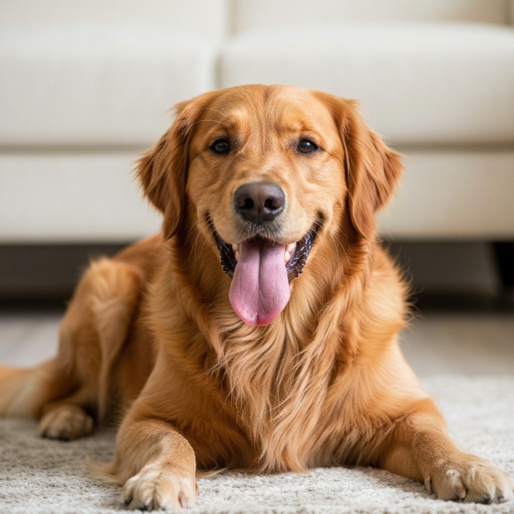 Un Golden Retriever acostado en una alfombra clara con la lengua afuera