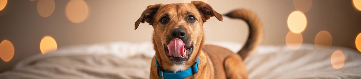 Un perro marrón con collar azul acostado en una cama lamiéndose la nariz.