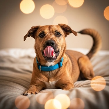 Un perro marrón con collar azul acostado en una cama lamiéndose la nariz.
