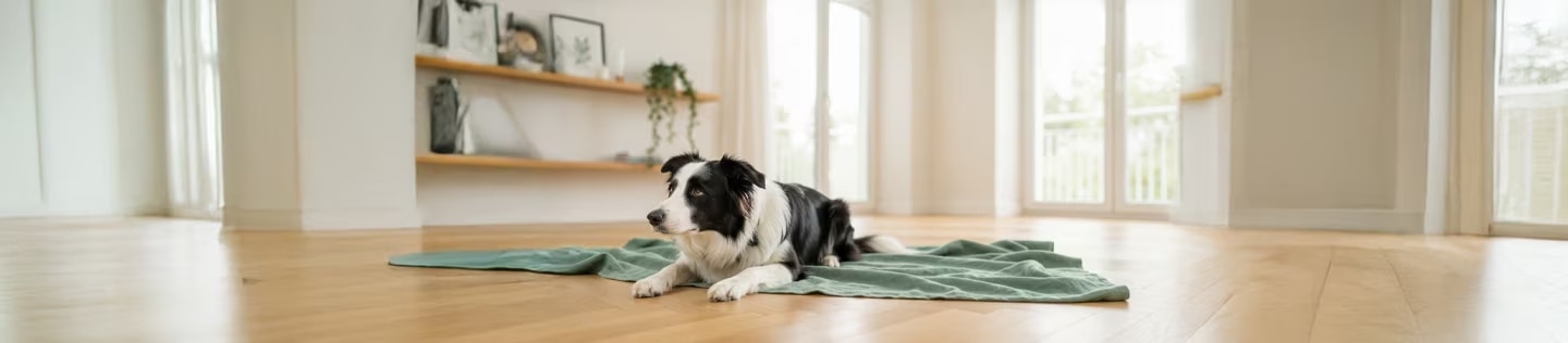 Perro Border Collie acostado sobre una manta verde en una sala amplia y luminosa