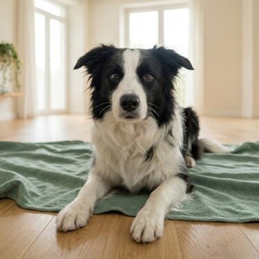 Perro Border Collie acostado sobre una manta verde en una sala amplia y luminosa