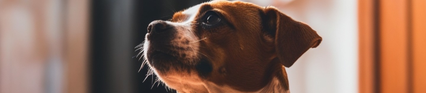 Perro pequeño con camisa a rayas mirando hacia arriba