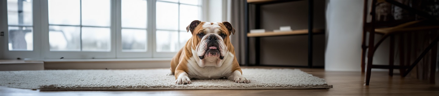 Perro acostado en una alfombra