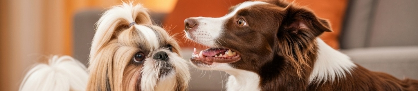 Un Shih Tzu y un Border Collie mirándose en una acogedora sala de estar.