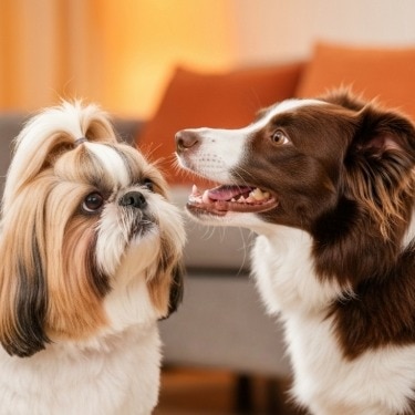 Un Shih Tzu y un Border Collie mirándose en una acogedora sala de estar.