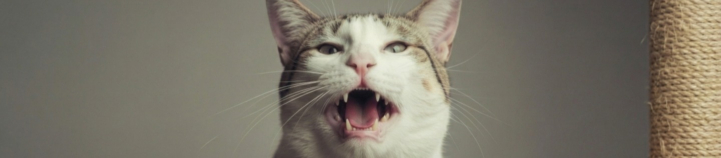 Primer plano de un gato blanco y atigrado con la boca abierta mostrando los dientes.