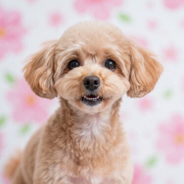 Retrato de un perro pequeño tipo caniche de color marrón claro, mirando fijamente a la cámara con un fondo de flores rosadas desenfocadas