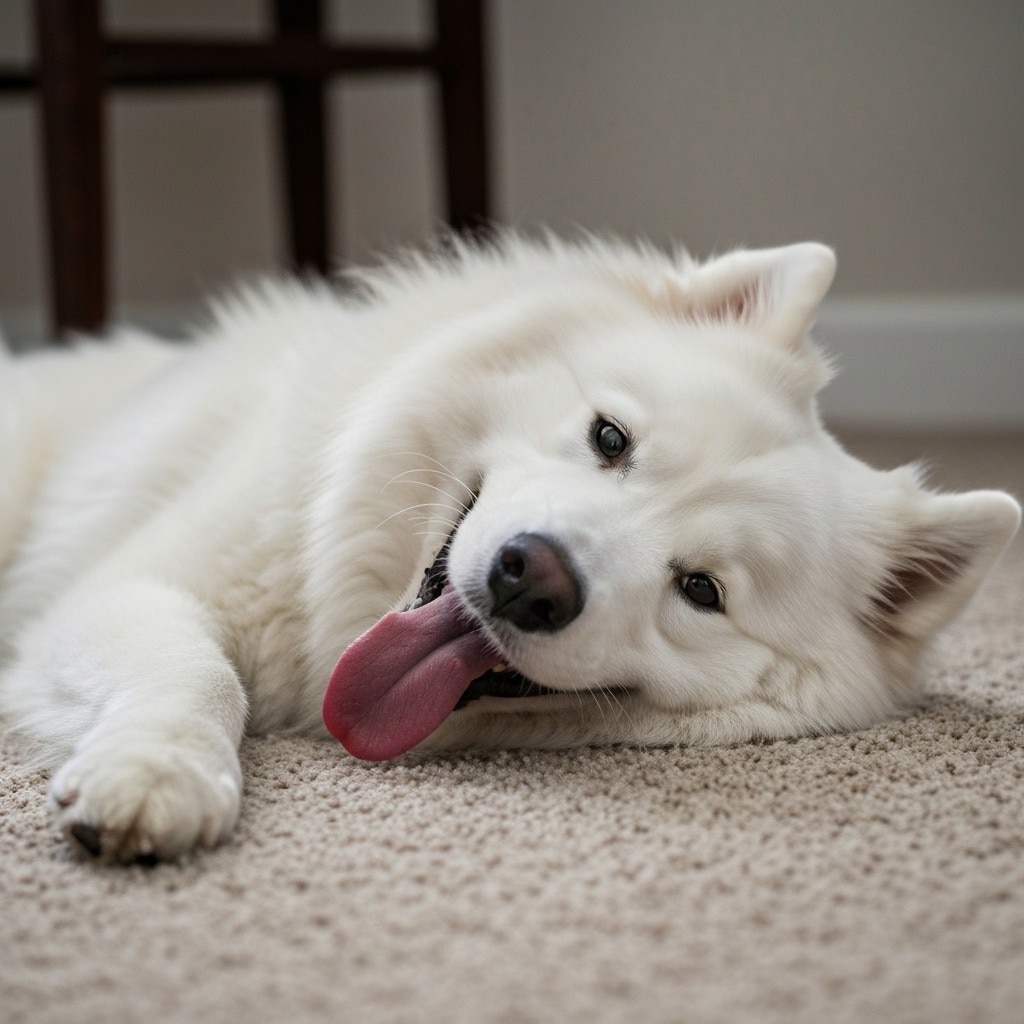 Perro blanco y peludo descansando feliz y relajado sobre una alfombra con la lengua afuera.