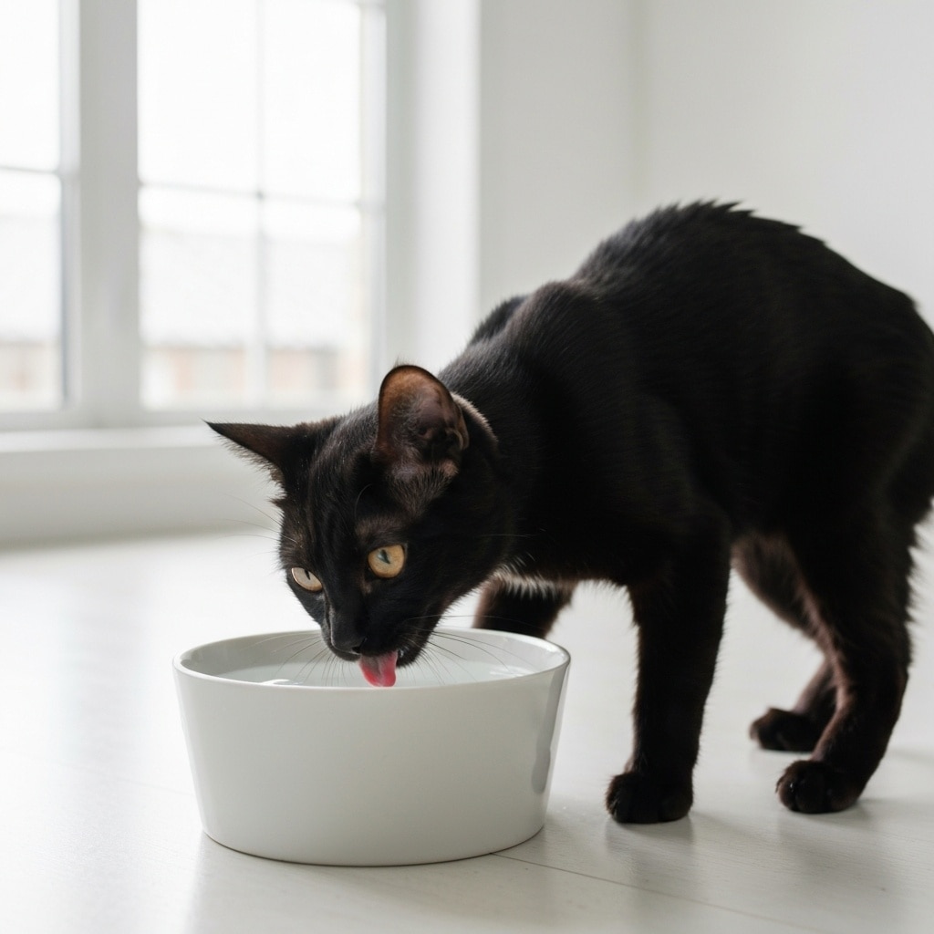 Gato negro bebiendo agua de un tazón de cerámica color blanco sobre el suelo.