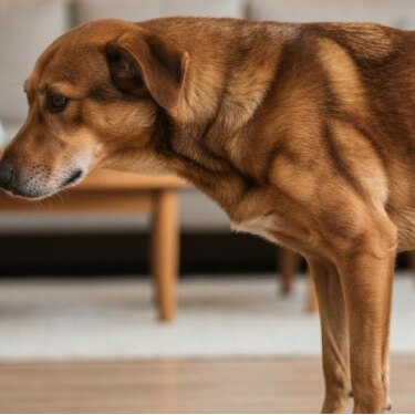 Perro beagle con pañuelo azul sentado en su cama