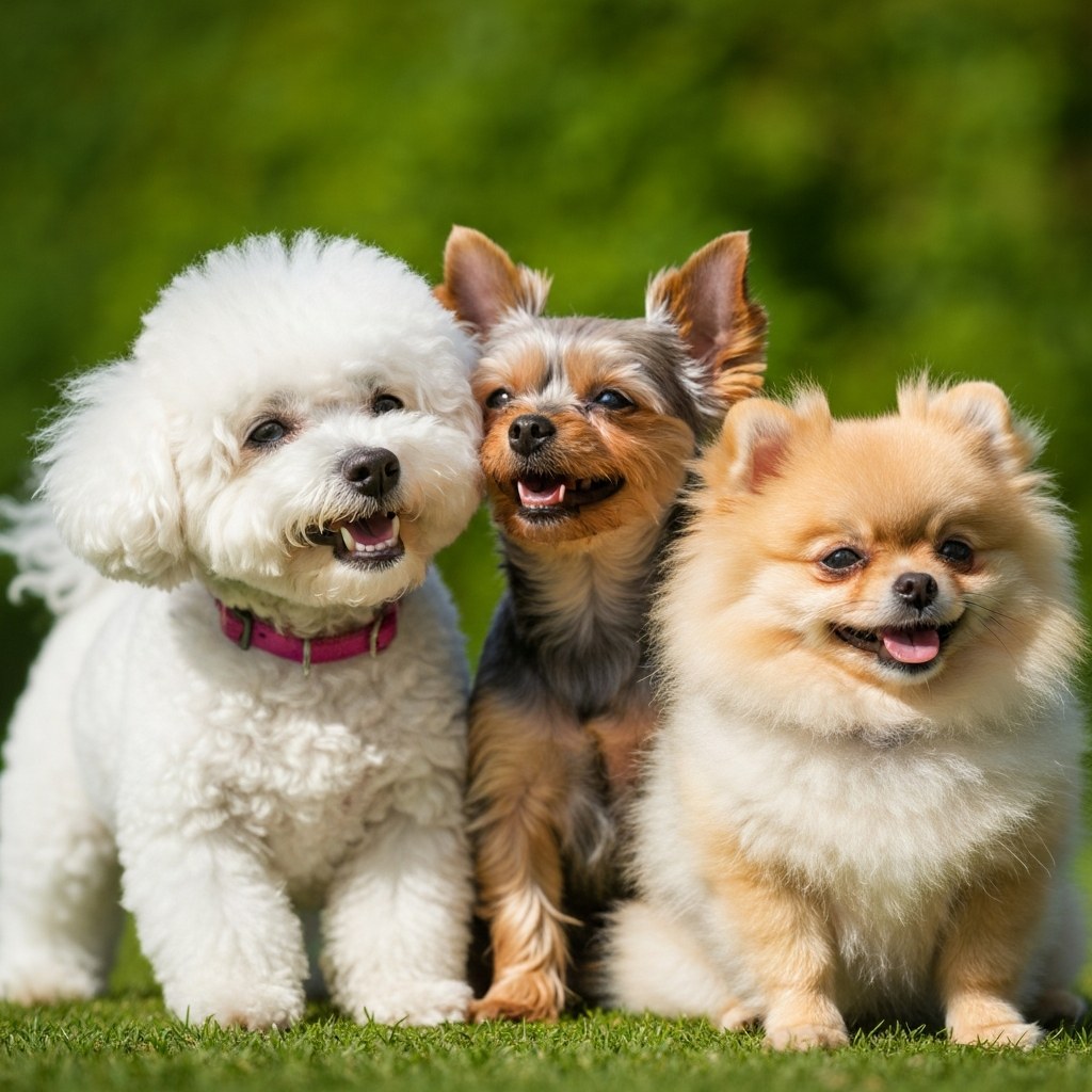 Tres perros de raza pequeña (un Bichón Frisé, un Yorkshire Terrier y un Pomerania) sentados juntos y felices sobre el césped verde.