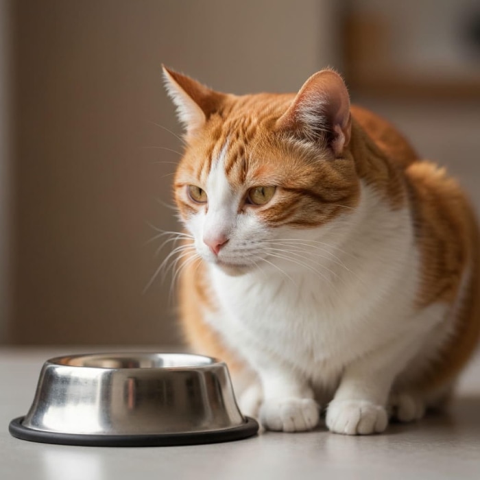 Gato naranja junto a su plato de comida sin tocar