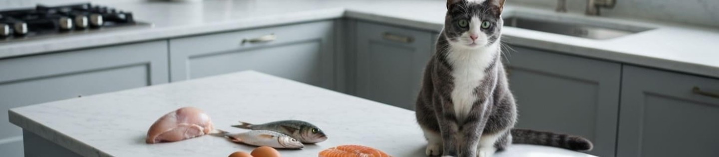 Gato con comida casera en una cocina