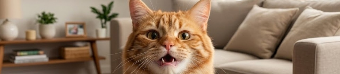 Gato naranja con la boca abierta en una sala