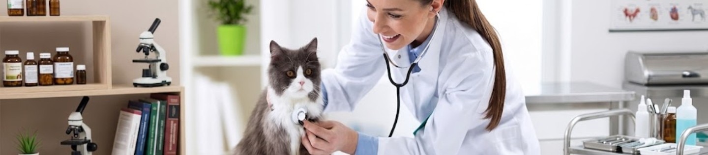 Una veterinaria sonriente con bata blanca examina con un estetoscopio a un gato gris y blanco en su consultorio