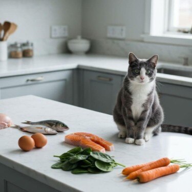 Gato con comida casera en una cocina