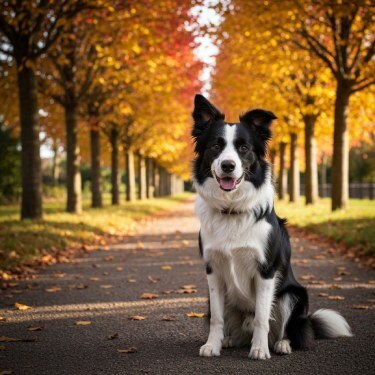 perro entre árboles otoñales