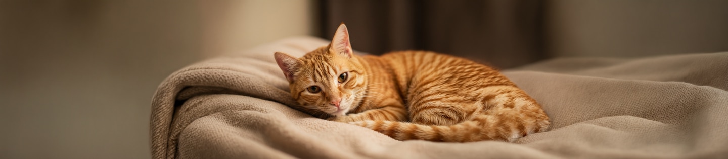 Gato naranja echado sobre una manta