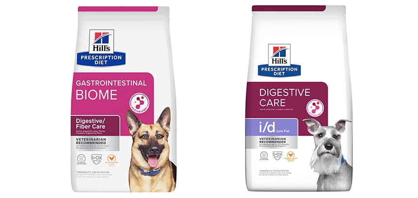 Dos sacos de alimento Hill's Prescription Diet para perros: Gastrointestinal Biome e i/d Low Fat Digestive Care.